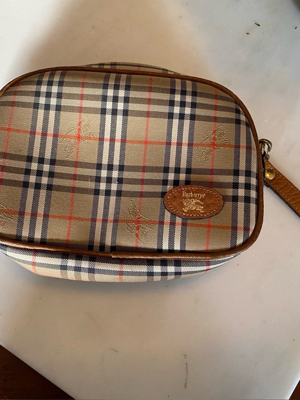 Burberry Nova Check Cosmetic Pouch in Beige and Tan with Red Accents